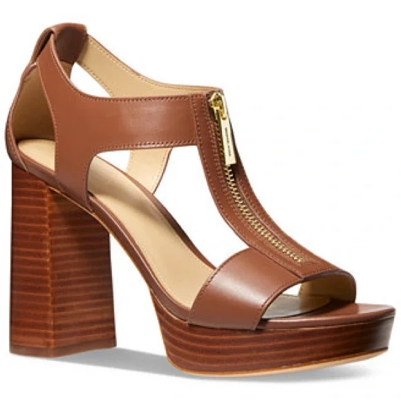 MICHAEL KORS Berkley Tan Leather Block Heel Sandals Platform Heels Shoes - Picture 3 of 15